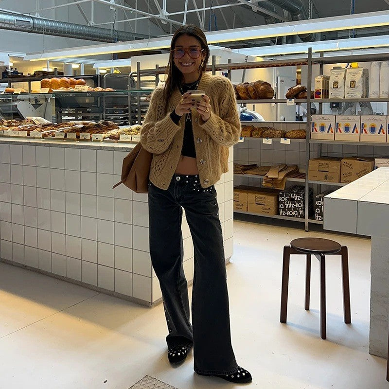 Spanish Street Fashion ONE DILEMMA Style Rivet Five-pointed Star Pattern White Jeans Women's Autumn Slim Straight Pants