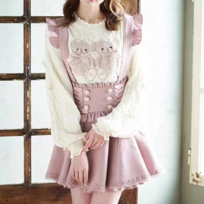 Japanese Gothic Lolita Ribbon Short Suspender plaid Skirt Girls Sweet Cute Lace A-Line Mini Skirts summer2025 black solid kawaii