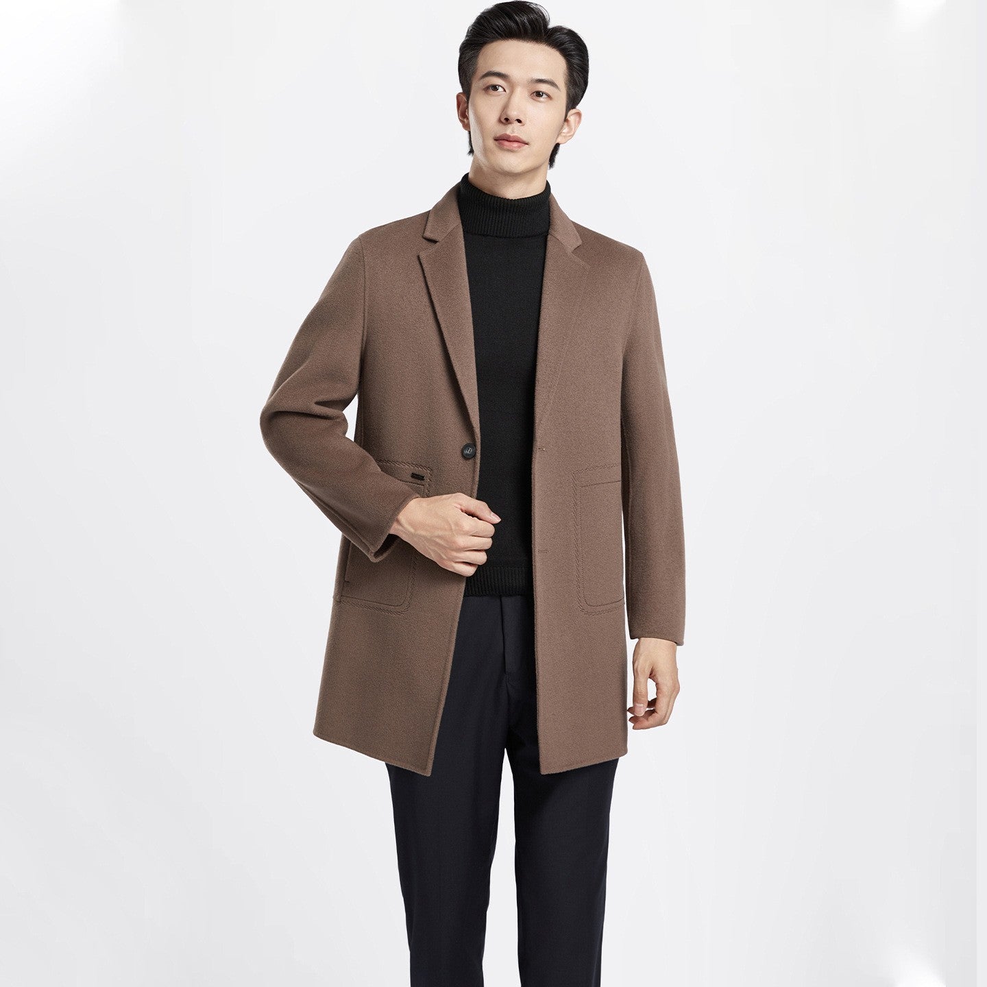 Men's 100% Wool Blend Overcoat - British-Inspired Mid-Length Trench Coat for All-Weather Smart Casual Wear