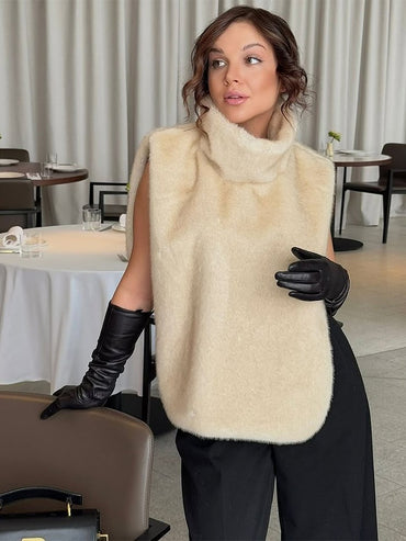 Women Solid Faux Fur Vest Crop Top Fashion Turtleneck Fluffy Short Tank Tops 2025 Winter Lady Elegant Sleeveless Jacket Coat