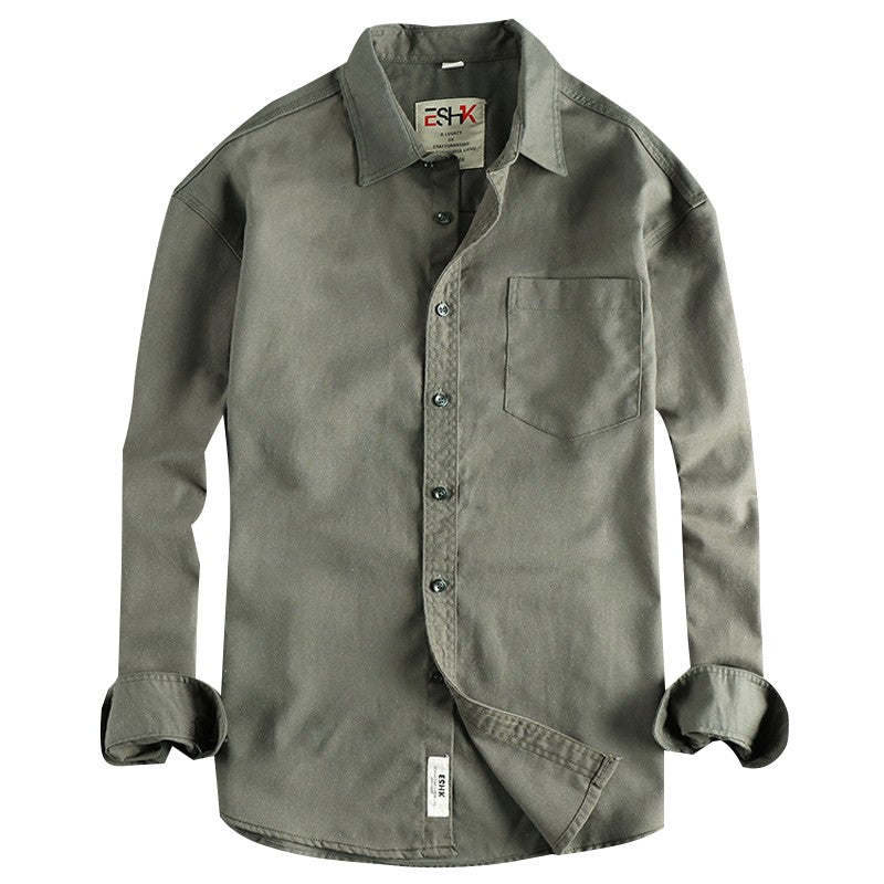 2025 Spring New Japanese Retro Long Sleeve Lapel Cotton and Linen Cargo Shirt Men's Simple Single Pocket Casual Loose Blouses