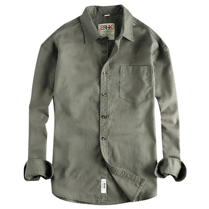 2025 Spring New Japanese Retro Long Sleeve Lapel Cotton and Linen Cargo Shirt Men's Simple Single Pocket Casual Loose Blouses
