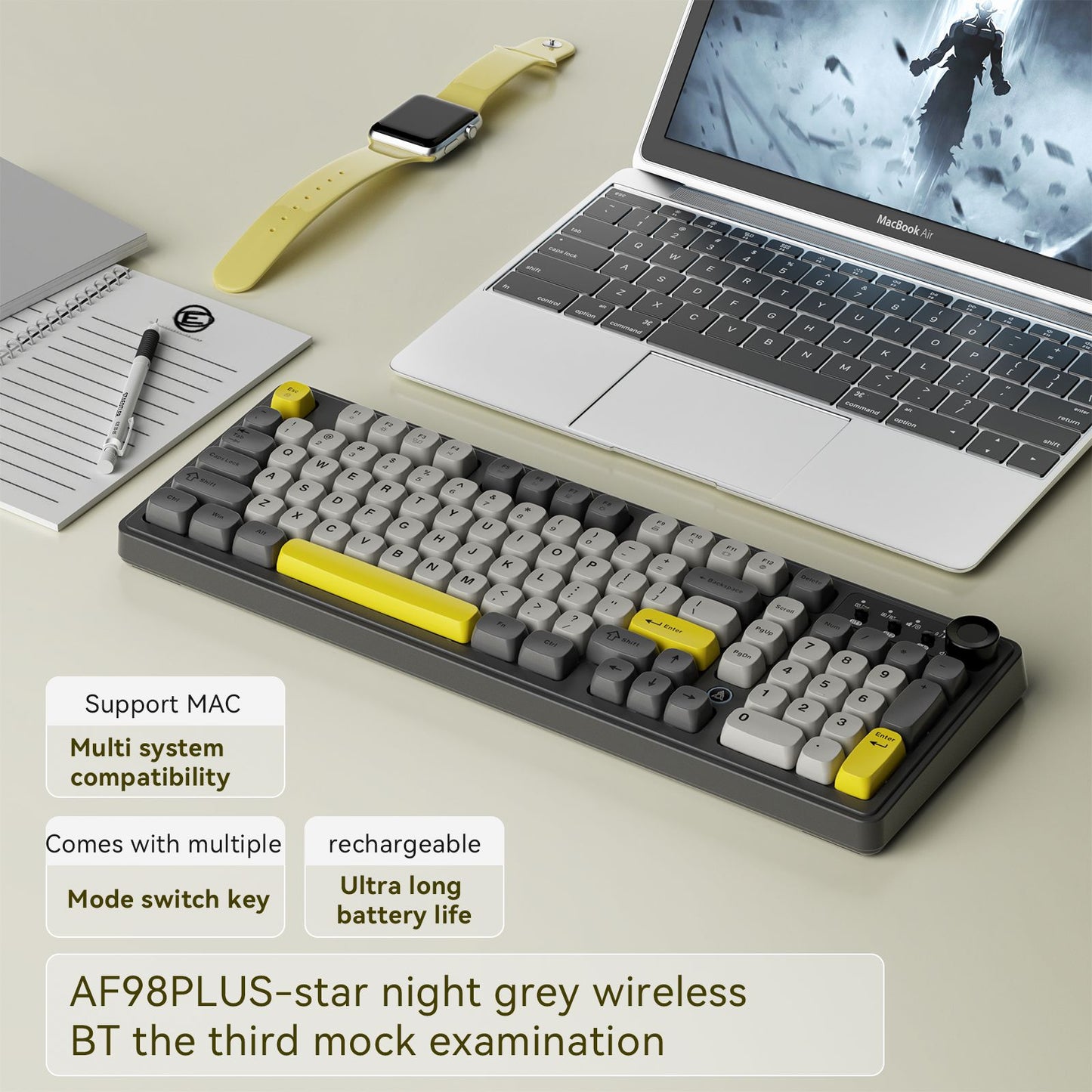 AJAZZ AF98 Wired/Wireless Keyboard Mechanical Feel Office Long Battery Life Three-Mode RGB Mixed Light ABS Keycaps Ergonomics