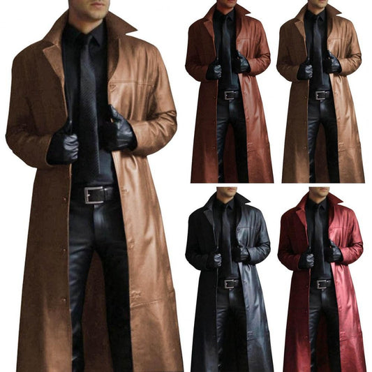 Men Luxury Fashion Medieval Steampunk Gothic Long Leather Jackets Vintage Winter Outerwear Faux Leather Trench Coat