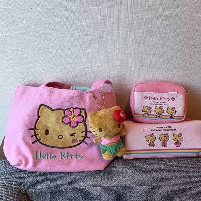 Hawaiian Pink Flowers Brown Leather Hello Kitty Storage Bag Cosmetic Bag Kawaii Cartoon Japanese Hello Kitty Storage Bag Gift