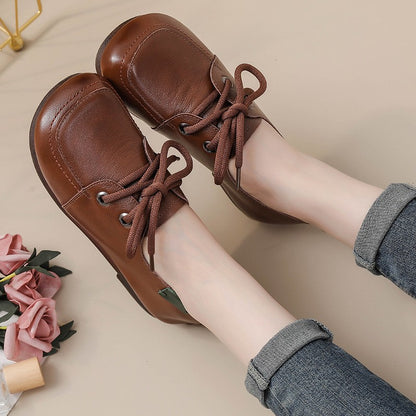 Vintage Plain Oxfords Shoes Women's Genuine Leather Flats Ladies Laced Up Moccasins Elderly Woman Square Toe Driving Loaferss