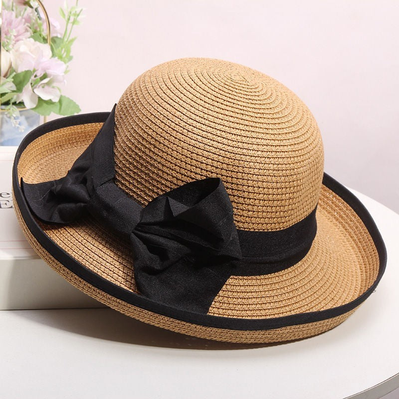 Chapéu de palha feminino de verão, edição coreana, com aba enrolada, elegante, com laço, chapéu de pesca para viagem, proteção solar e sombreamento, chapéu de praia