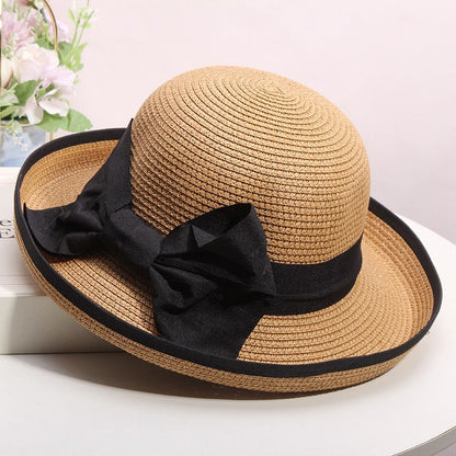 Chapéu de palha feminino de verão, edição coreana, com aba enrolada, elegante, com laço, chapéu de pesca para viagem, proteção solar e sombreamento, chapéu de praia