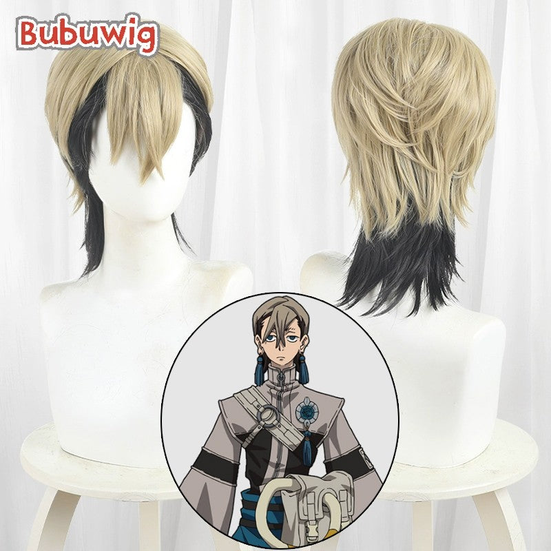 Peruca de Cosplay Zanka Nijiku de Cabelo Sintético Bubuwig Perucas de Anime Gachiakuta Zanka Nijiku Peruca Curta Loiro Misto Preto de 30cm Resistente ao Calor