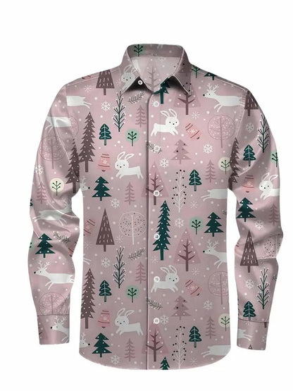 Christmas Men's 3D Printed Formal Shirt Santa Claus Elk Pattern Long Sleeve Shirt Fashion Men's Shirt