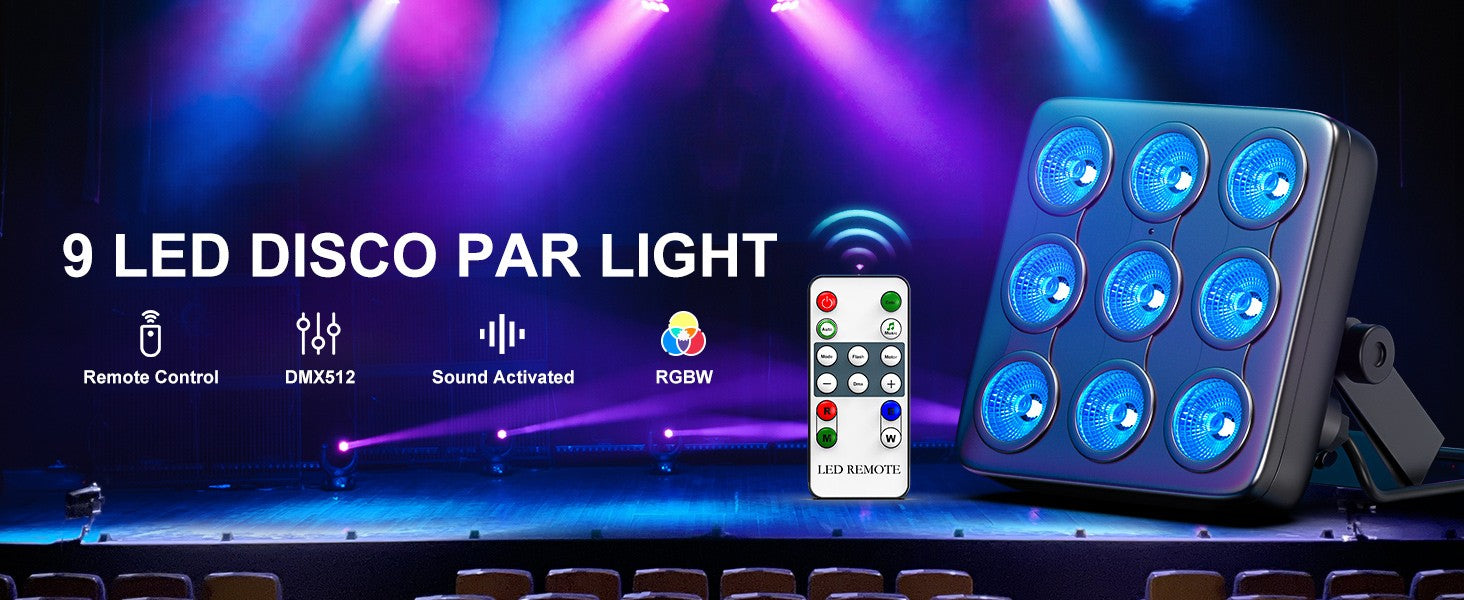 4PCS 9LEDs Par Lights RGBW Stage Lighting Effect Projector DMX512 Remote Control Square Strobe Light for Show Concert Party