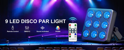 4PCS 9LEDs Par Lights RGBW Stage Lighting Effect Projector DMX512 Remote Control Square Strobe Light for Show Concert Party