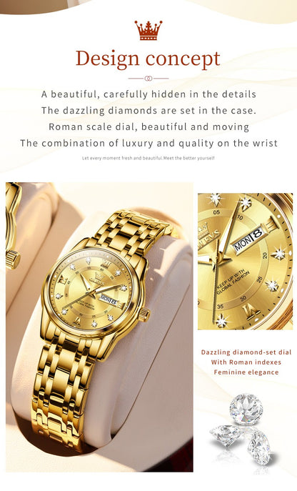 OLEVS 5513 Fashion Ladies' Watches Elegant Stainless Steel Waterproof Quartz Watch for Women Weekly Calendar Luminous Wristwatch