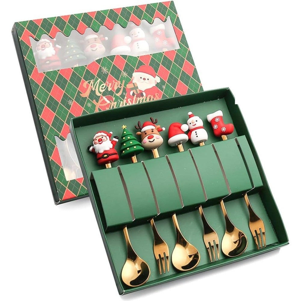 Conjunto 6 Peças de Garfos e Colheres Papai Noel Árvore de Natal Aço Inoxidável Colher de Café Sobremesa Utensílios de Mesa para Festa de Natal Presente Requintado