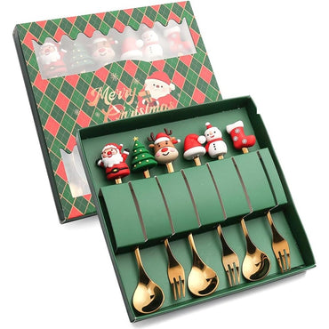 Conjunto 6 Peças de Garfos e Colheres Papai Noel Árvore de Natal Aço Inoxidável Colher de Café Sobremesa Utensílios de Mesa para Festa de Natal Presente Requintado