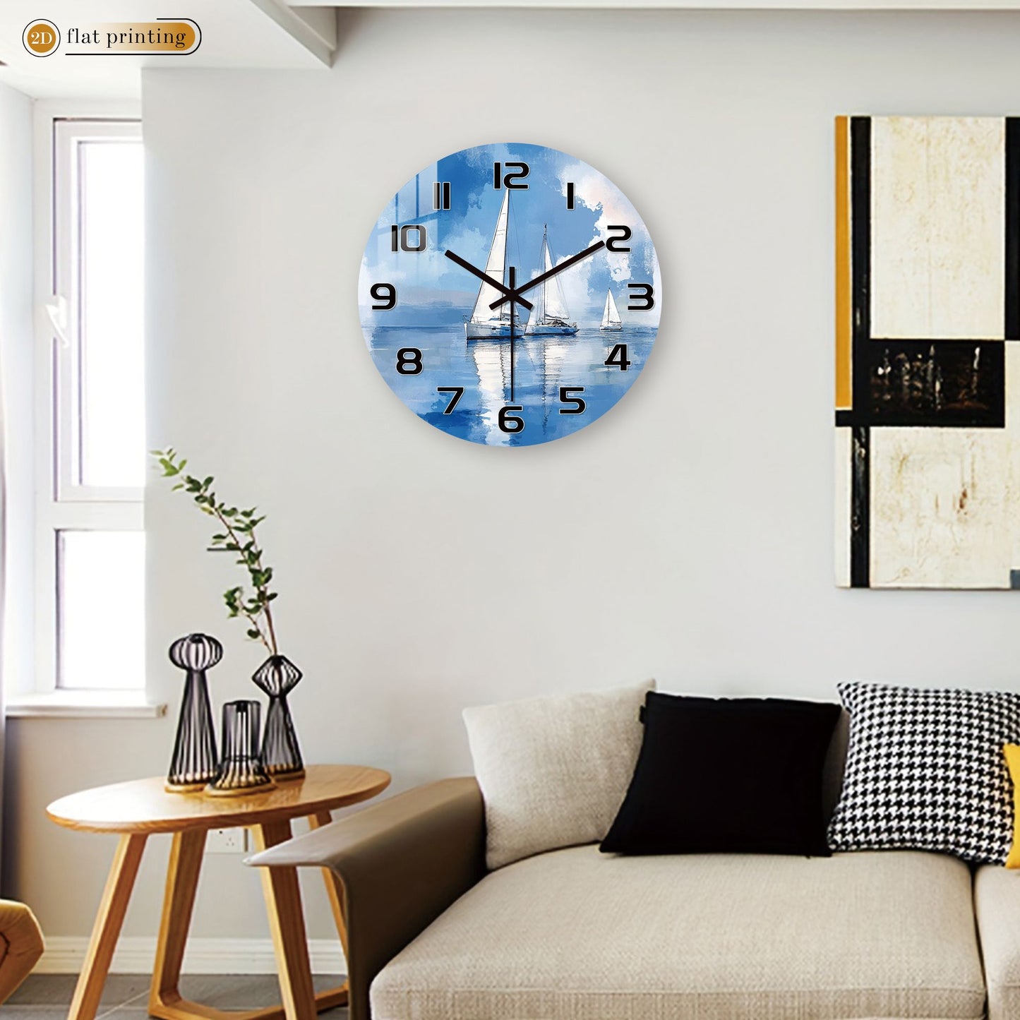 Sailboat Ocean Watercolor Wall Clock, Nautical Coastal Home Office Decor, Silent Quartz Movement Timekeeping Art