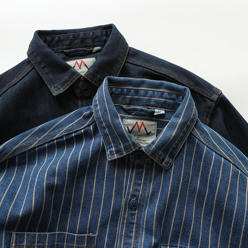 American Retro Workwear Long Sve Denim irt Loose Casual Striped ket irt Youth Trend Autumn Wear Iron Free