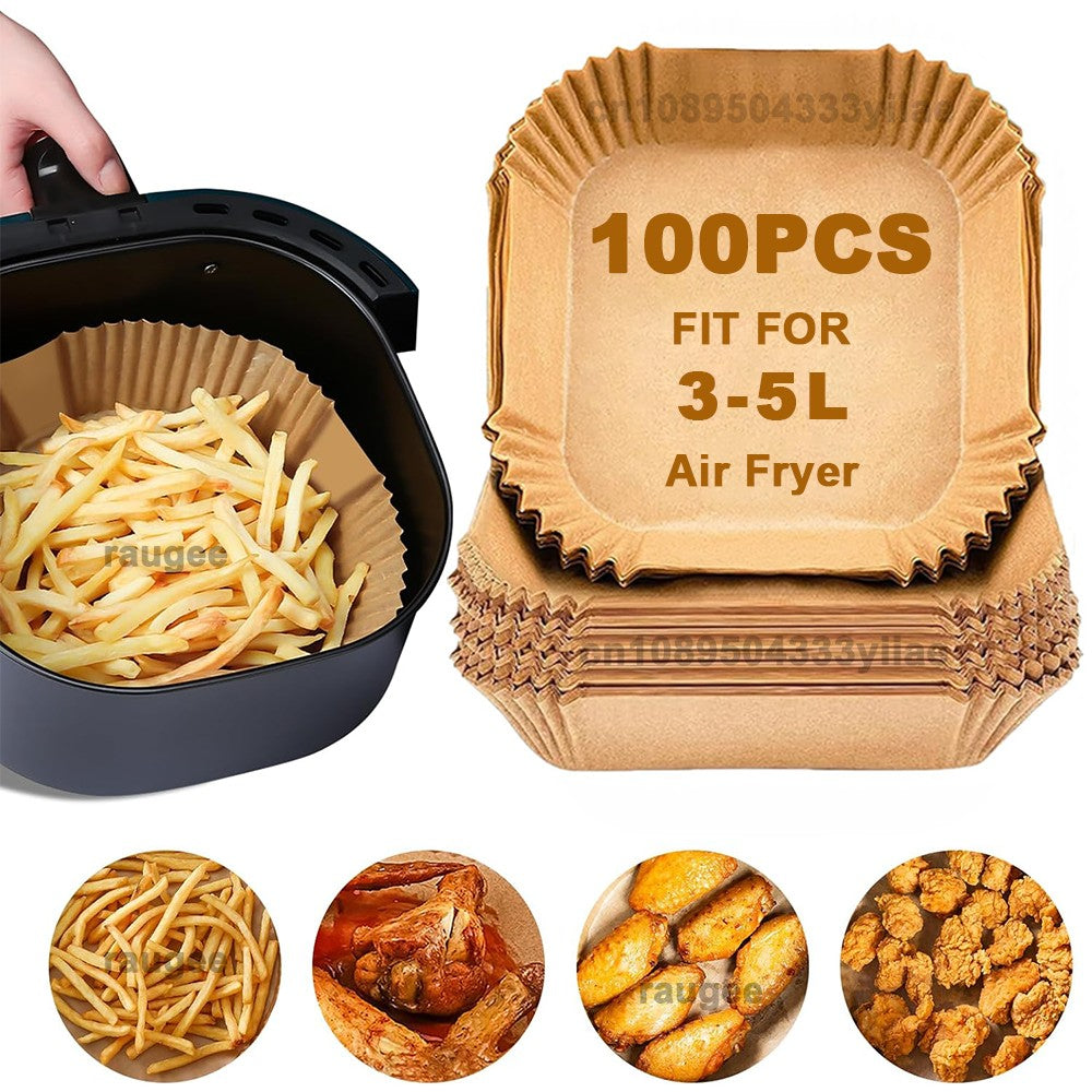 100pcs Air Fryer Paper Liners Disposable Non-Stick Parchment Paper Waterproof Oil-Proof Square Round Liners for Baking Roasting