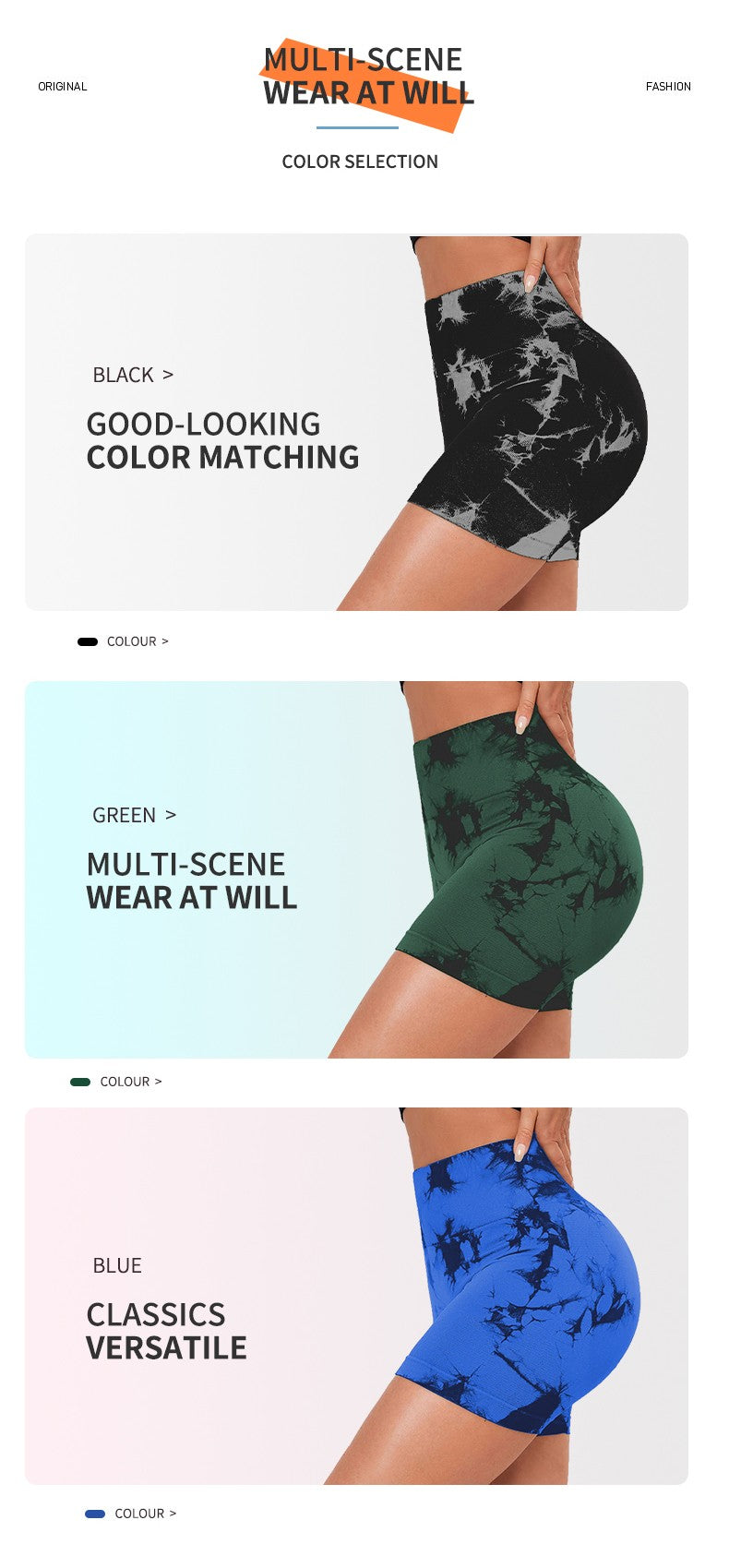 Seamless Tie Dye Sports Tight Three Piece Pants for External Wear Sexy Yoga Fitness Shorts for Women, High Waist Hip Lifting and