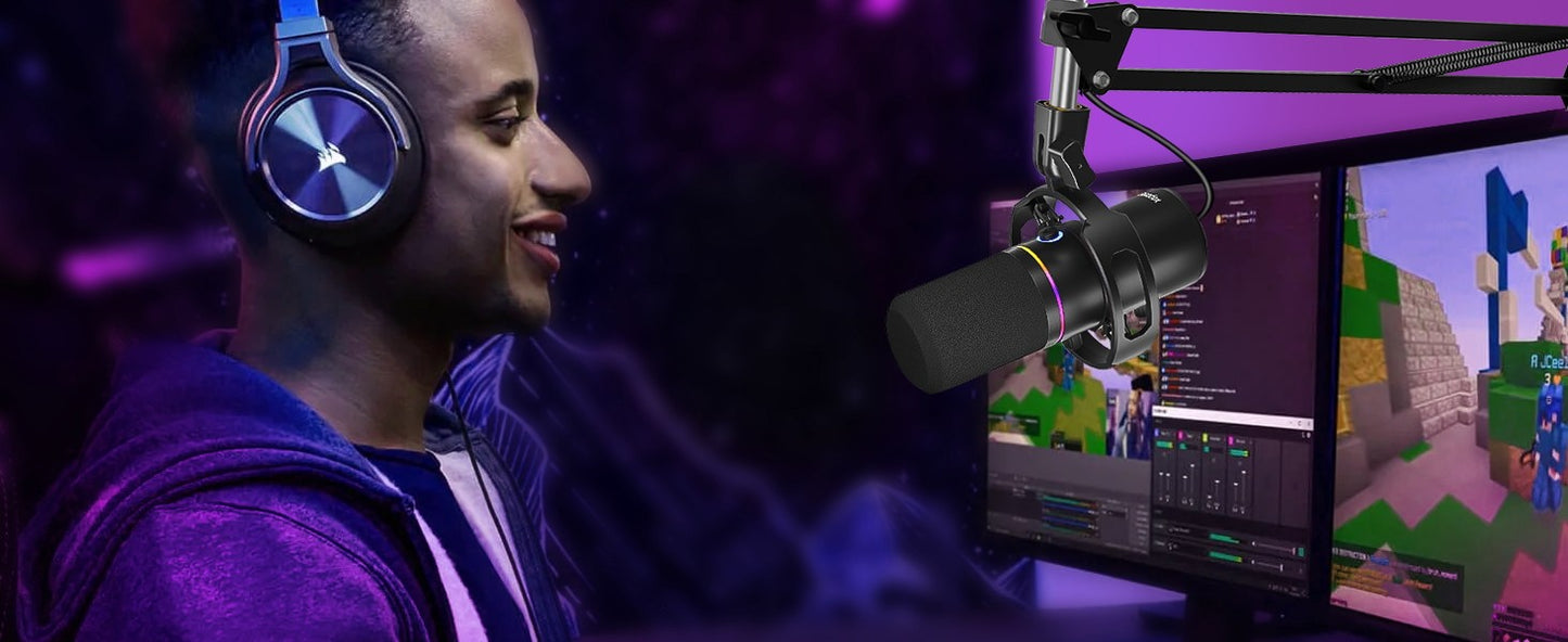 Kit de Microfone Dinâmico XLR/USB, Microfone de PC para Transmissão, Podcast, Jogos, RGB, Função de Silenciar e Cancelamento de Ruído, Volume