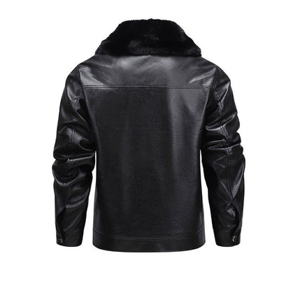 Winter Men Fleece Motor Biker Leather Jacket Man Lapel Thick Outwear Leather Coat Man Vintage Formal Fashion Leather Windbreaker