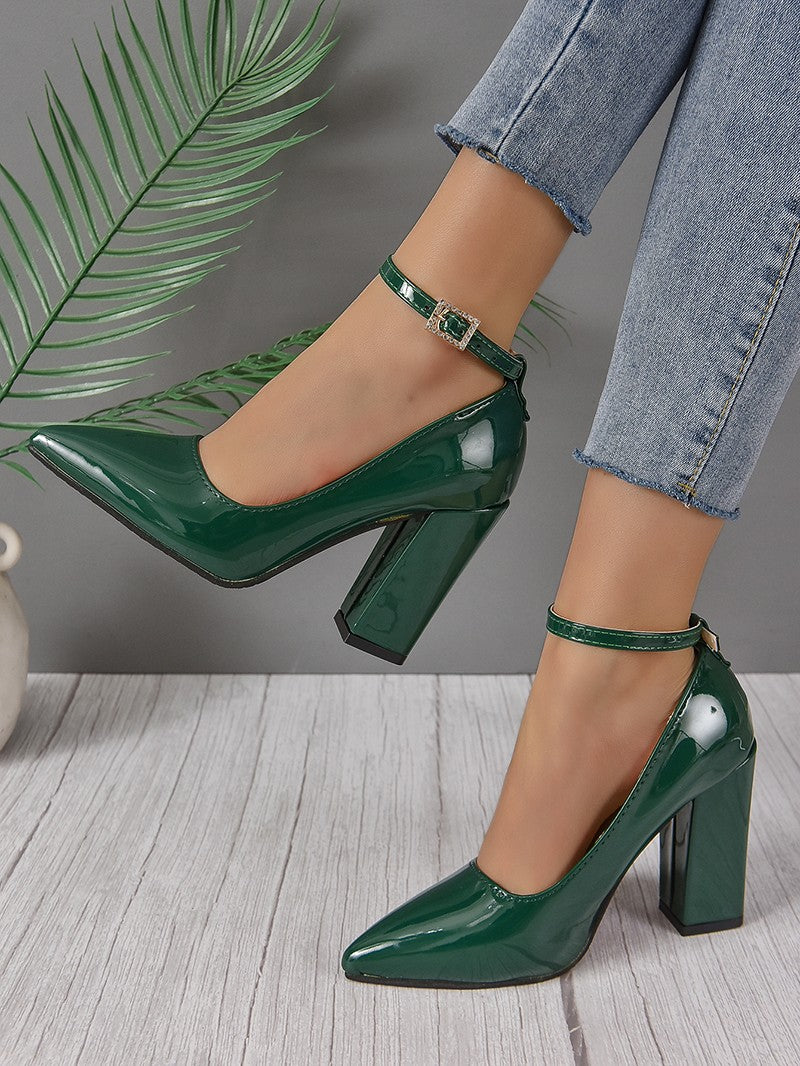 Apricot Red 10cm Super High Heel Ankle Strap Pumps Women Shoes Pointed Toe Fashion Crystals Buckle Patent Leather Plus Size 50