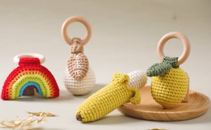 Baby Crochet Lemon Rattle Toys Wooden Bracelet Fruit Musical Rattle Teether Toys Handbell Newborn Soothing Oral Nursing Bite Toy