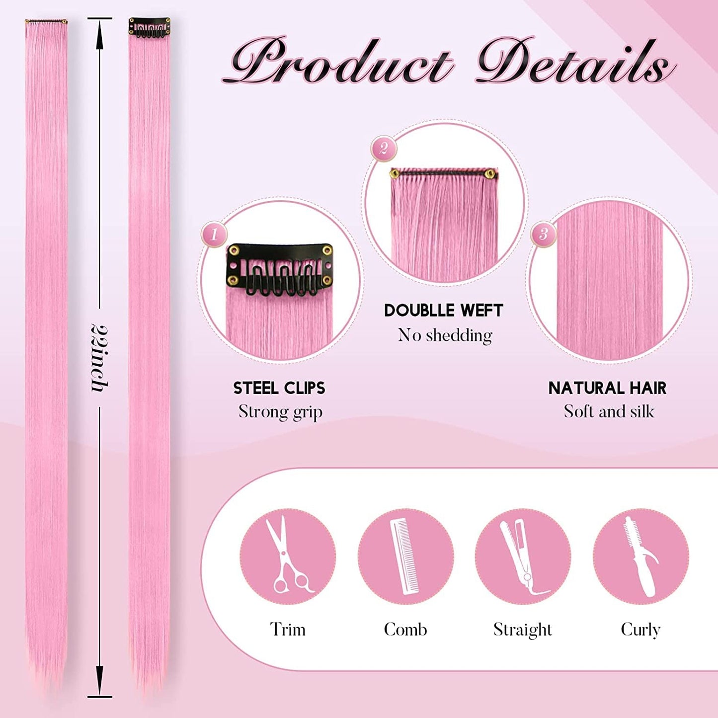 22 Inch Hair Extensions Clip ins, 6/12 Pcs Pink Hair Extensions Colored Hair Extensions  Party Highlights Long synthetic Hair