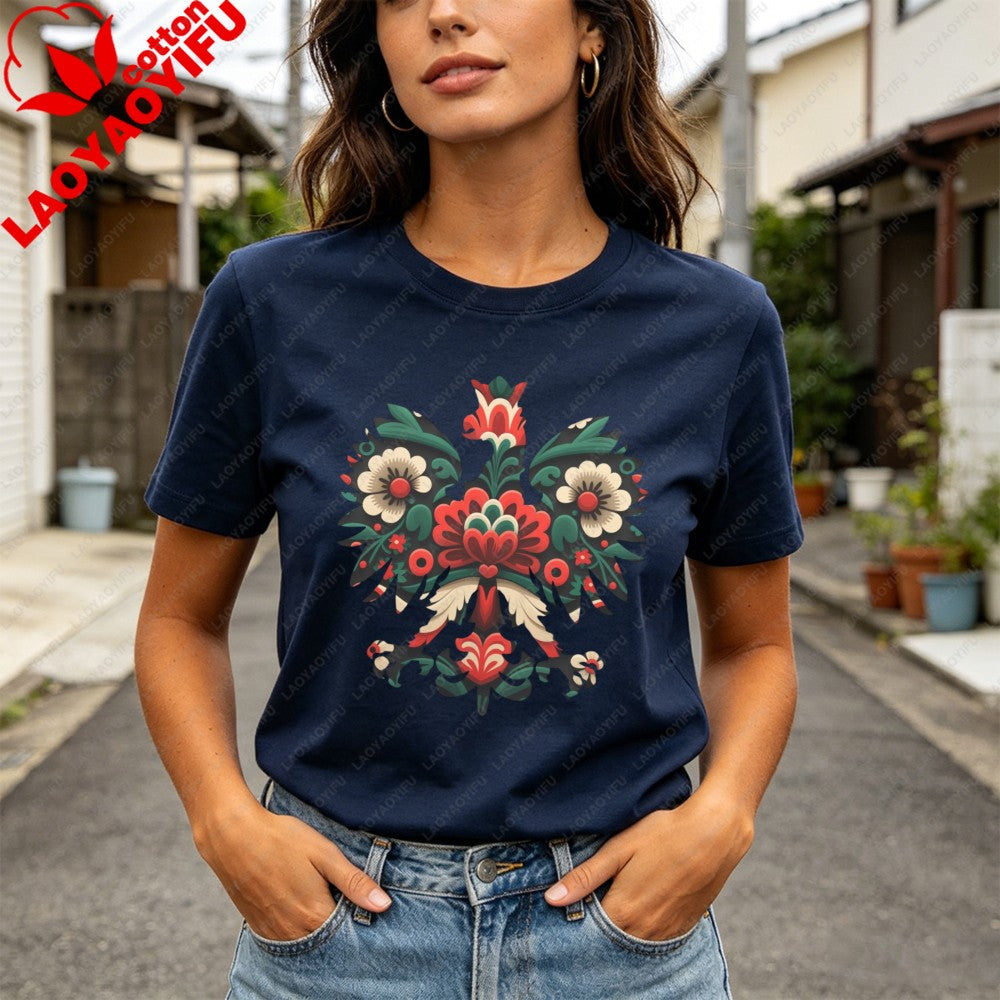 Polish Eagle Shirt Folk Art Christmas Design Clothes Botanical Flowers Tops Summer Women Retro Fashion Graphics Tees