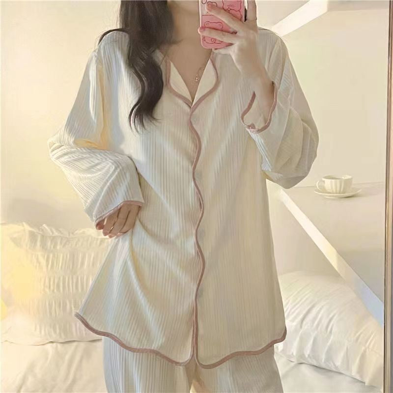 Ins style women's simple long sleeved long pants pajama set Spring/Autumn girl style solid color sweet cardigan home suit set