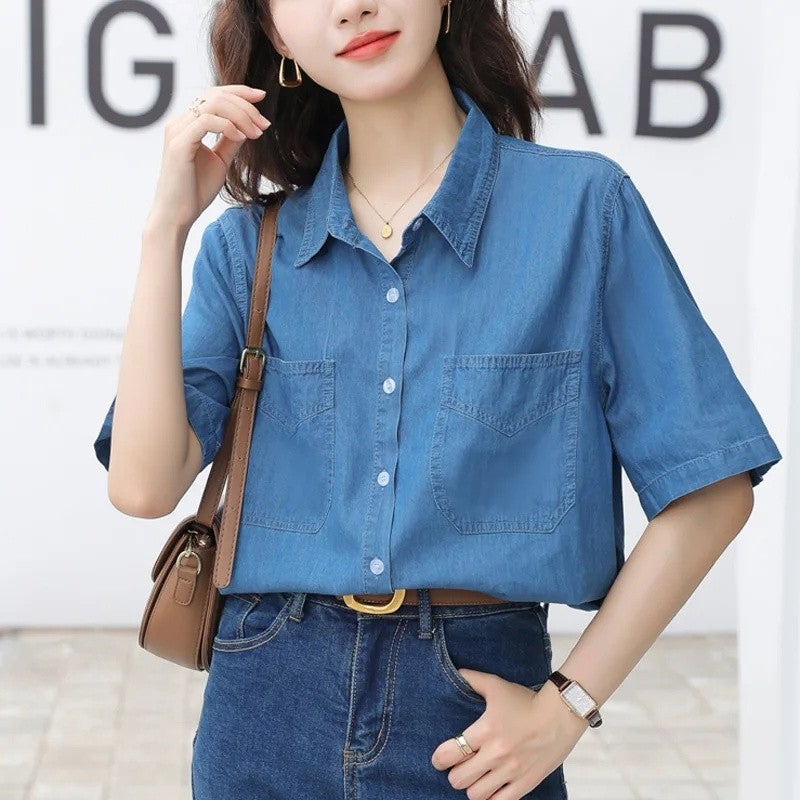 Vintageblueshort Sleeves Thin Denim Shirt 2024 Summer New Casual Loose-Fit Hong Kong Style Petite Top For Women