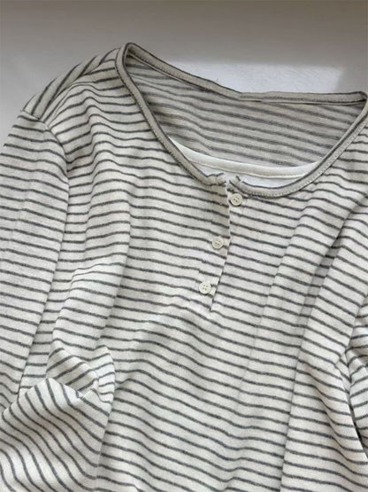Stripe Button Long Sleeve T-shirt Slim Fit Fake Two-piece Women's Top 2025 Autumn Fashion Casual Long Sleeve Tops