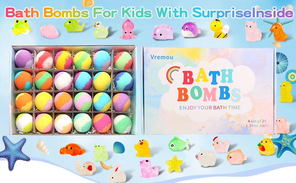 Bombas de Banho para Crianças com Surpresa Dentro, 24 Unidades de Efervescentes de Banho de Espuma Naturais Orgânicos para Meninas e Meninos com Brinquedos de Banho Dentro