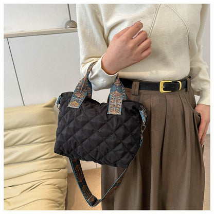 Women Wide Shoulder Belt Handbag Fall/Winter Rhombus Space Cotton Shoulder Bag Large Capacity All-Match Shopping Tote Bag