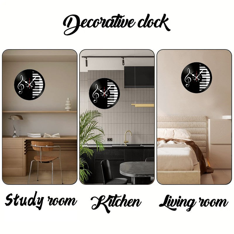Music Notes Wooden Round Silent Hanging Wall Clock, Suitable For Living Room, Office, Study Room, Bedroom, Home Decoration