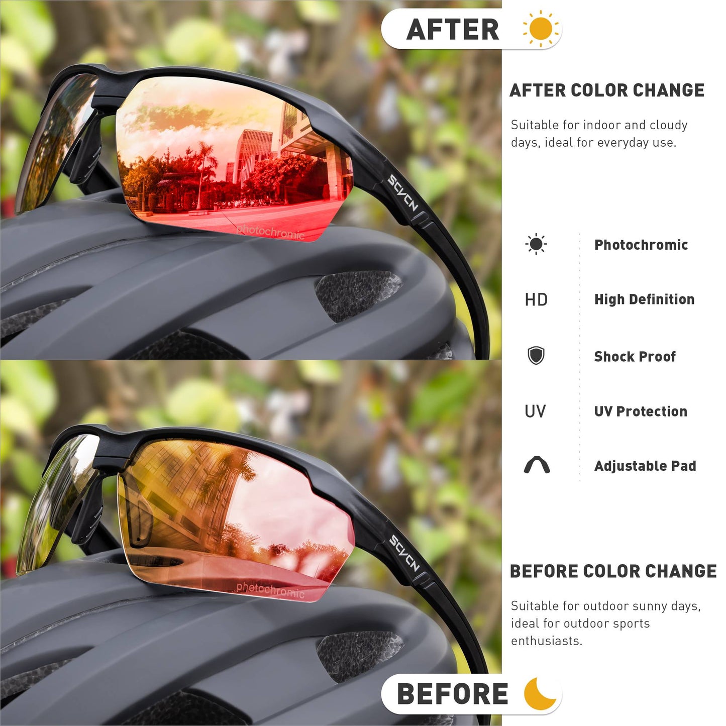 SCVCN Photochromic Cycling Sunglasses Bike Glasses Mountain Bicycle Hiking Golf UV400 Sports Glasses for Men Women Baseball