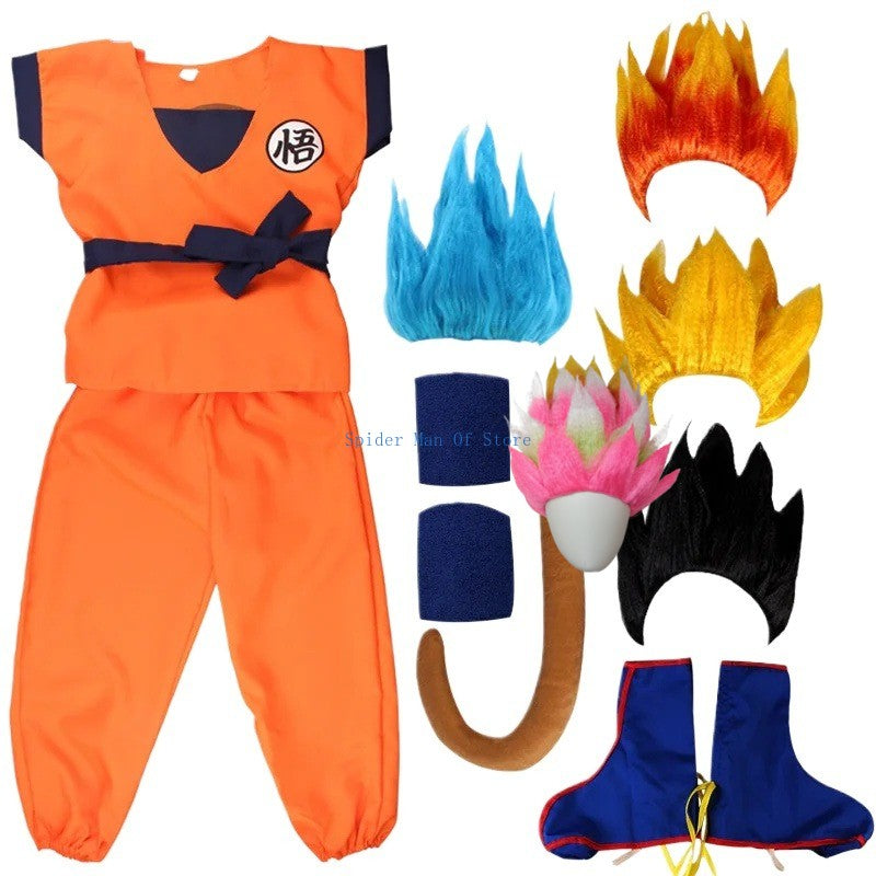 Adult Kids Son Goku Gui Carnival Cosplay Anime Costumes Halloween parties and Holiday Including Tail Wrist Wig Blue Gold Design