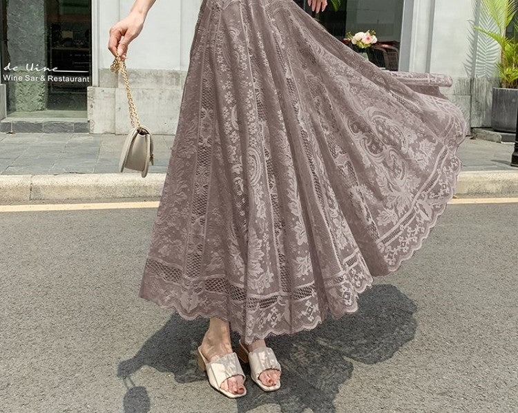 Plus Size plus Size Lace Hollow out f Skirt mid Waist Long Sle Fairy Skirt A-Line Umbrella Skirt Trendy Women's Clothing