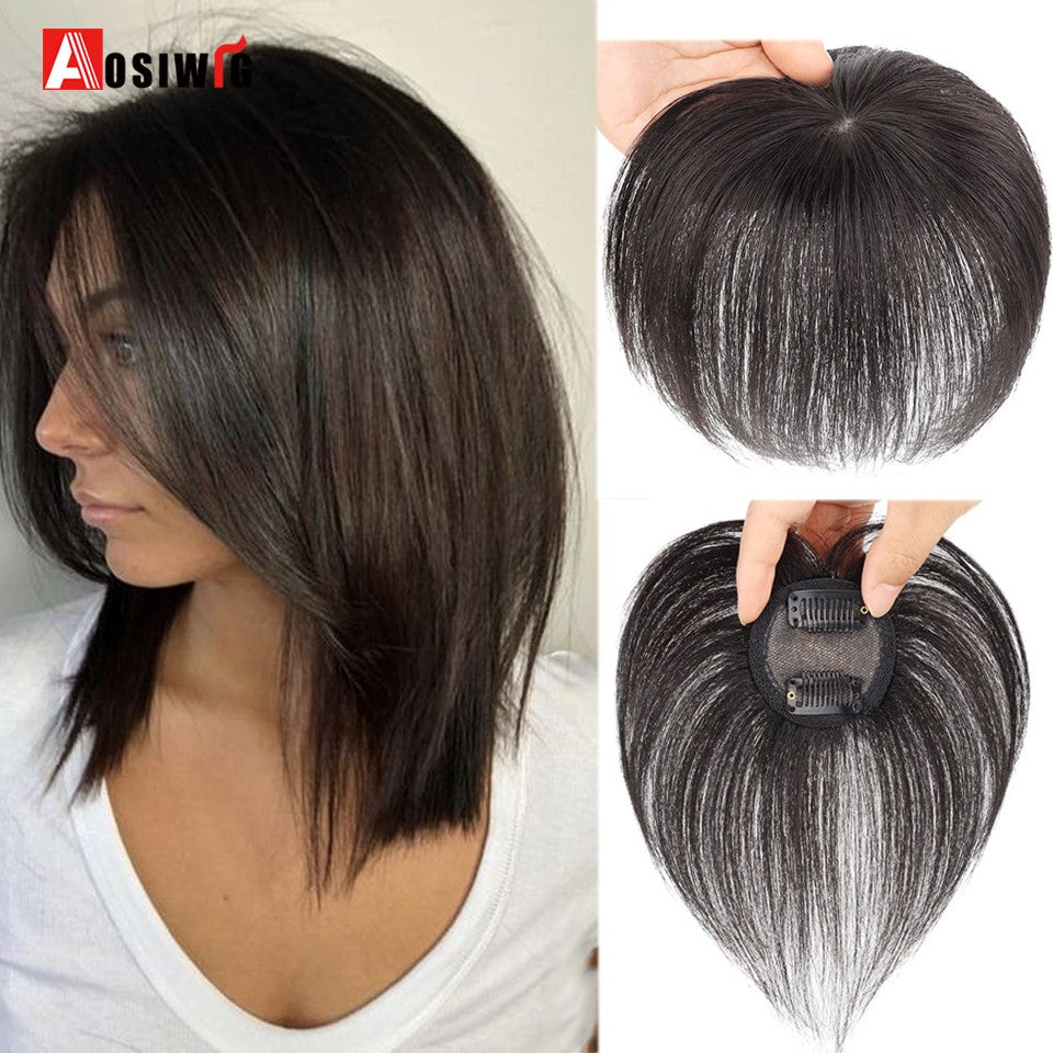 Perucas de cabelo encaracolado sintético AOSI castanho preto, substituição de extensões de cabelo tipo topete, apliques femininos com franja