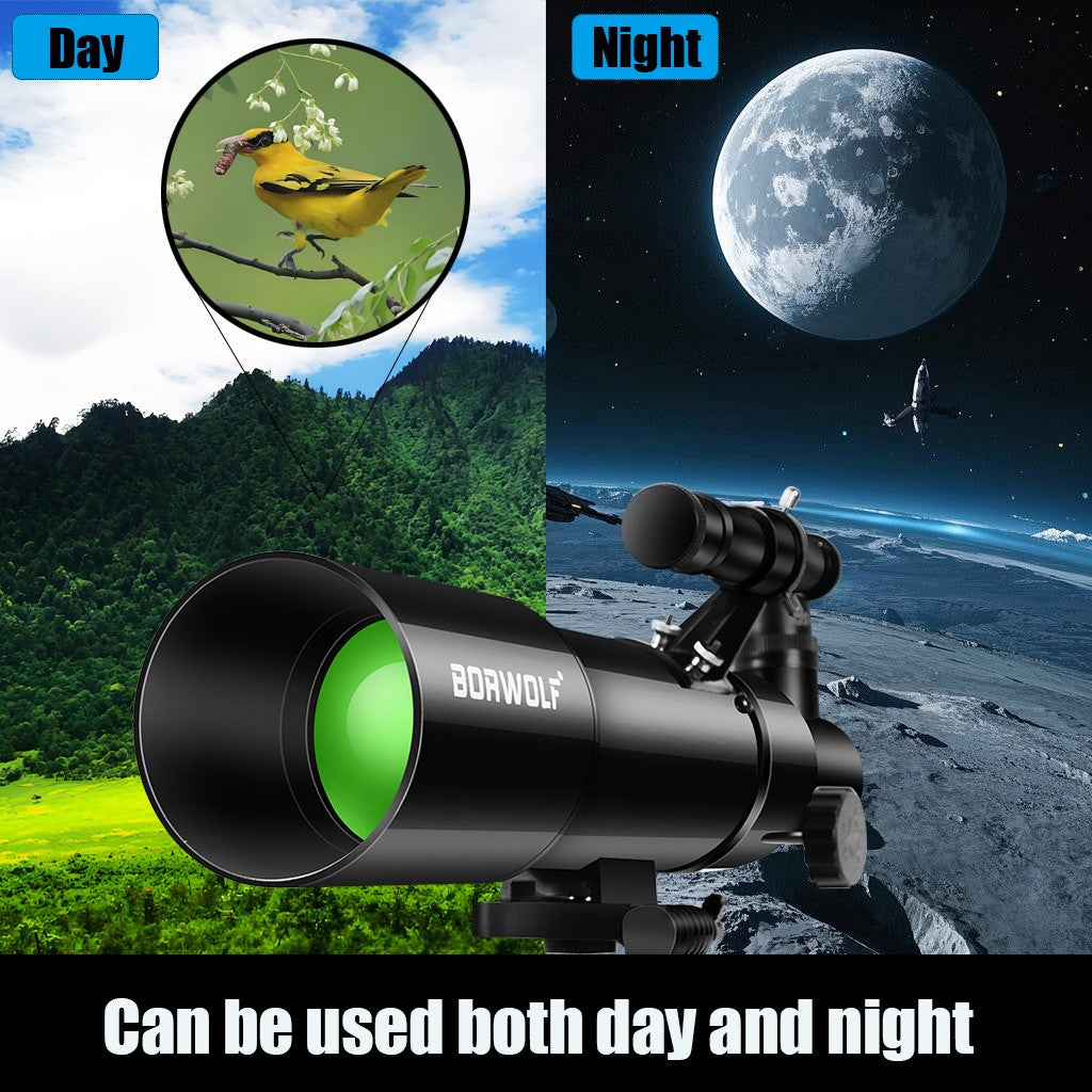 BORWOLF AZ80400 Telescópios Astronômicos para Adultos, Abertura de 80mm Montagem AZ de 400mm 200X HD para Observação da Lua, Estrelas e Pássaros