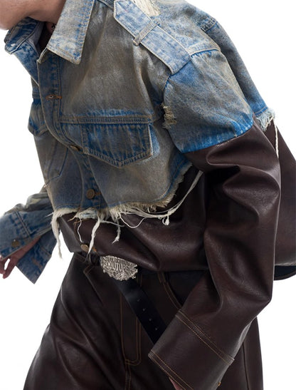 2024 American vintage do old piece-leather destruction denim jacket men fall dirty jacket