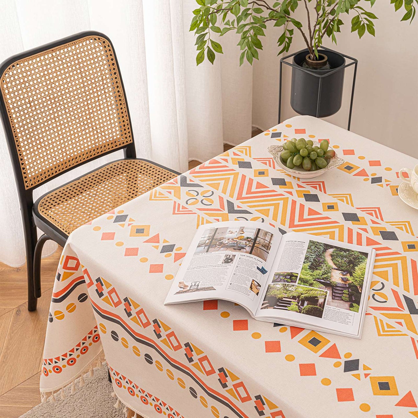 Vintage Boho Tassel Table Cloth Waterproof Cotton Linen Bohemian Tablecloth Patio Outdoor Wrinkle Free Table Protector Covers