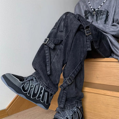 Vibezip-up Americano Jeans Masculinos da Moda Boca de Sino Solta Estilo Gangsta de Rua Ins Roupa de Trabalho Casual