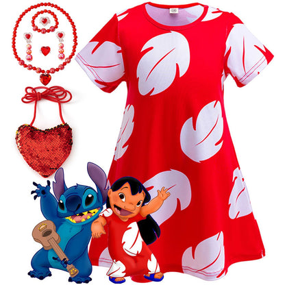 Disney Lilo Costume Girl Cosplay Red Dress Short Sleeve Pajamas Hawaiian Printed Dress Summer Beach Outfit + Stitch Doll Set