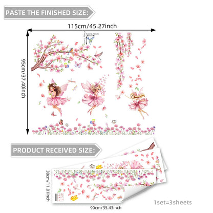 Pink Tree Branches Birds Butterflies Elf Girls Meet Wall Stickers Bedroom Children's Room Home Wall Decoration Self-adhesive