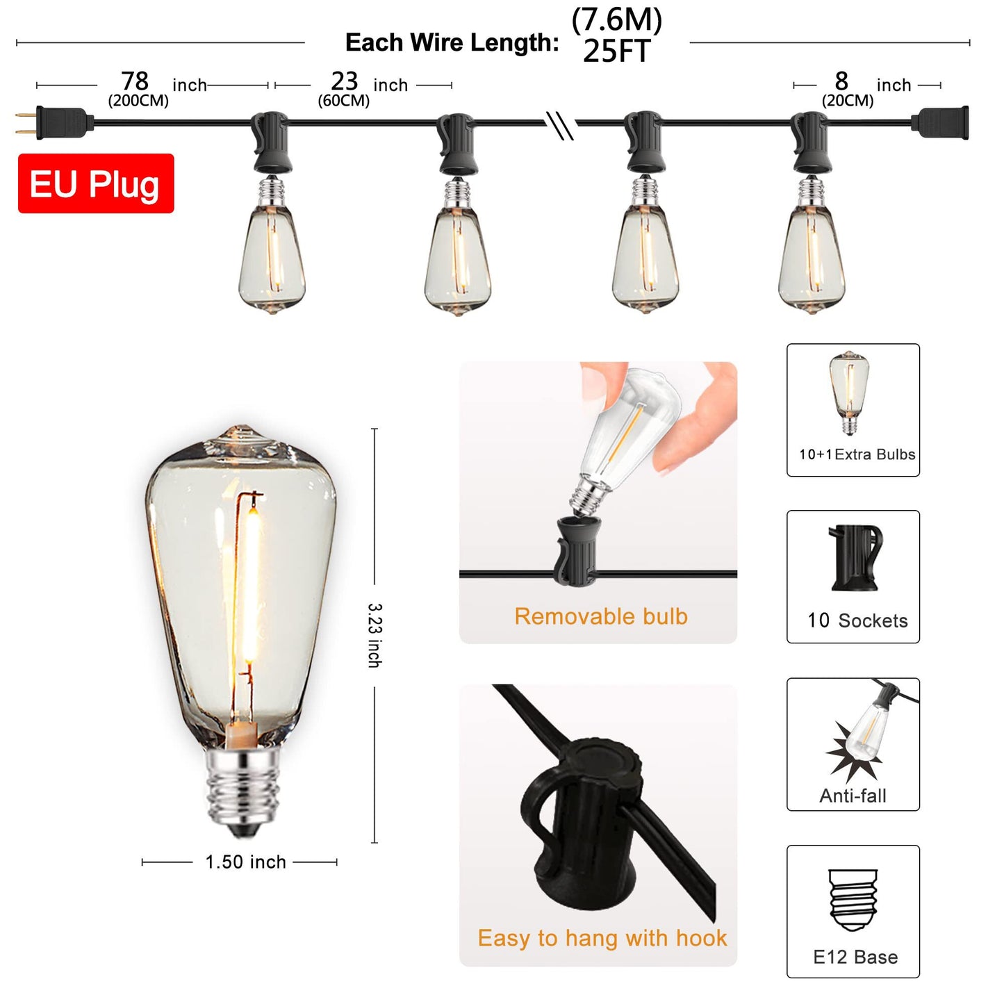 Shatterproof ST38 Plastic Outdoor String Lights Waterproof LED Garden Light Garland Connectable Retro Festoon Decoration Light