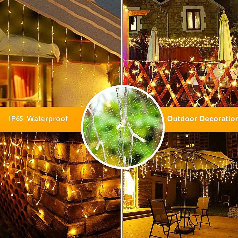 Christmas Lights Outdoor Waterproof Solar Curtain Icicle Lights Eaves Decor String Lights for Yard Party Holiday Decorations
