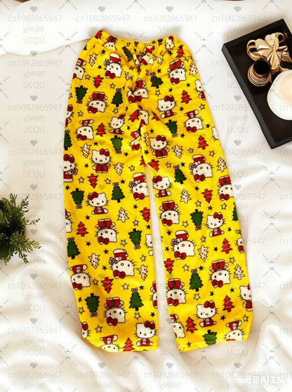 2025 Winter Women Hello Kitty Christmas Tree plush Pajama Pants Soft Trousers Cute Women Casual Home Anime Cartoon  Pajama Pants