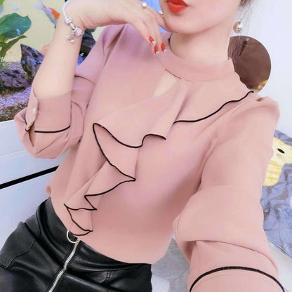 Women Spring Summer Style Chiffon Blouses Shirts Lady Casual Long Sleeve Ruffles Decor Stand Collar Chiffon Blusas Tops