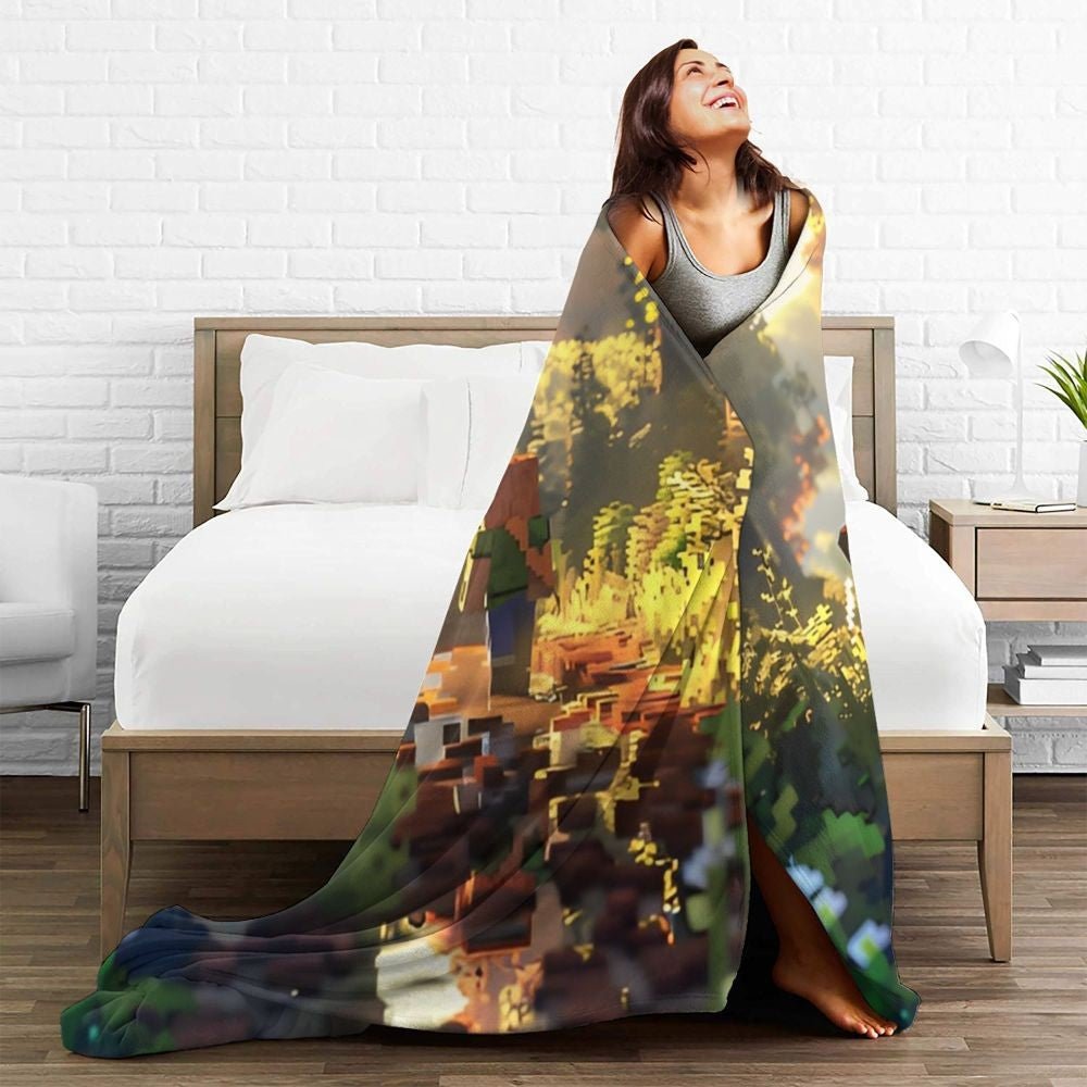 Cartoon Mines Pixel Game Crafts Flannel Blanket Super Warm Throw Blanket for Home Decor Decorative Street Trend Bedspread